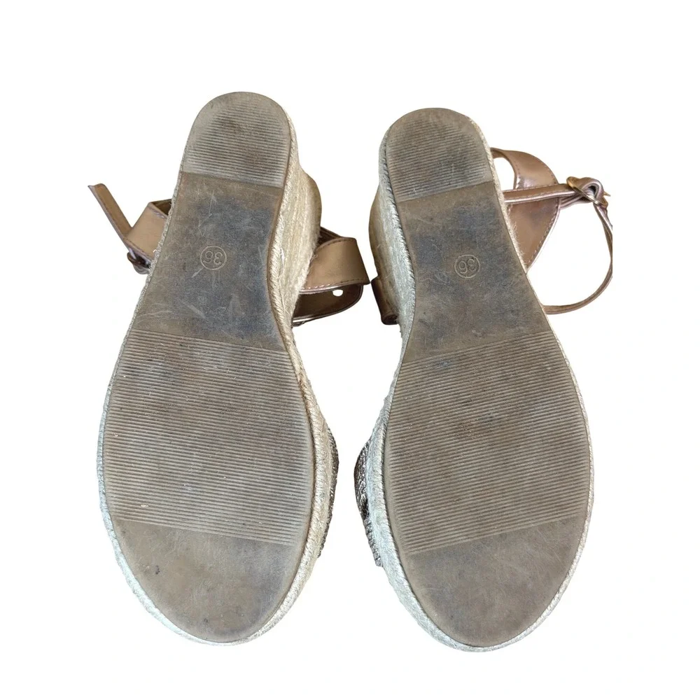 Gold Metallic Espadrille Wedge Sandals Braided Platform Ankle Strap Size 36‎